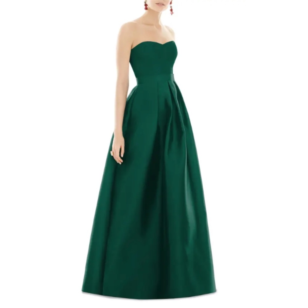 ALFRED SUNG Strapless Satin Twill A-line Gown In Hunter